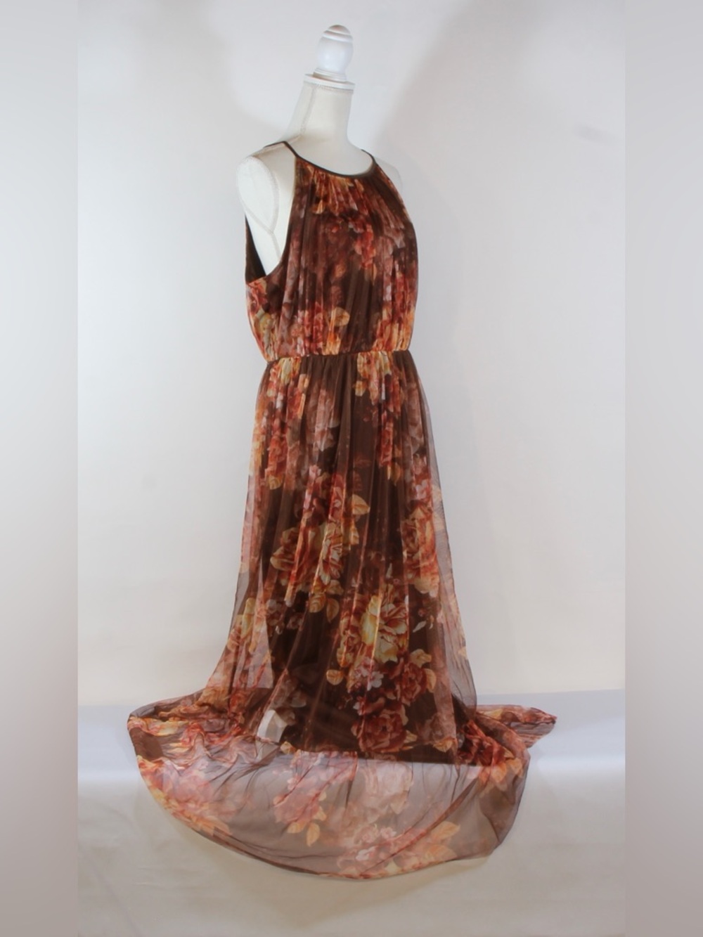 Candalite Floral Brown Sleeveless Maxi Dress with Ruffled Skirt NWOT - Picture 4 of 12
